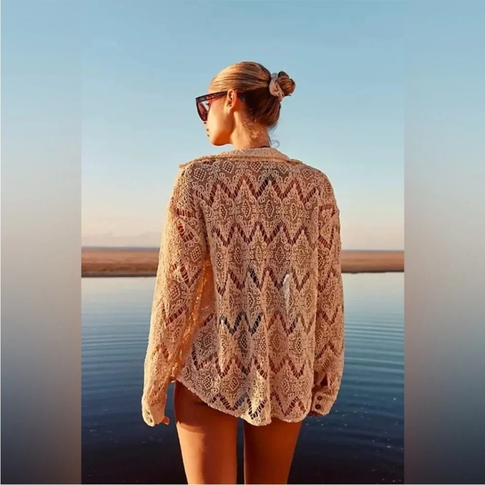 Free‎ People Until Sundown Shirt Crochet Lace Neutral Button Down Small